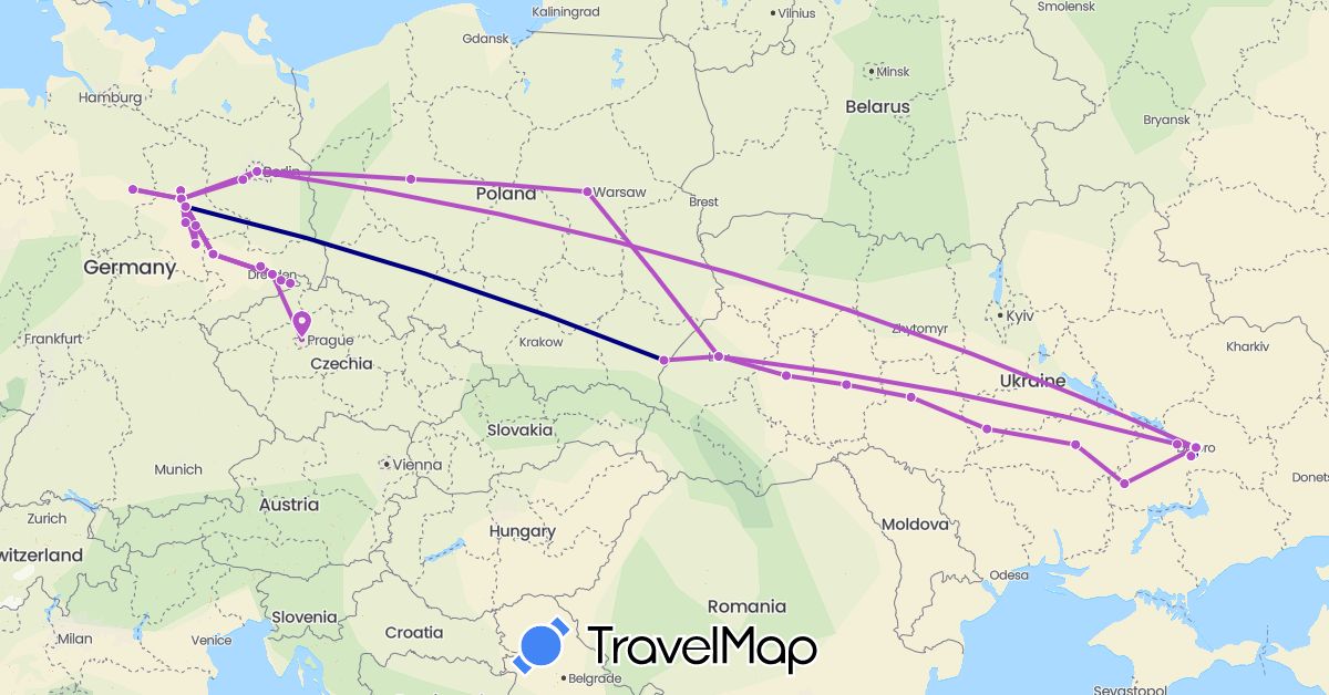 TravelMap itinerary: driving, train in Germany, Poland, Ukraine (Europe)